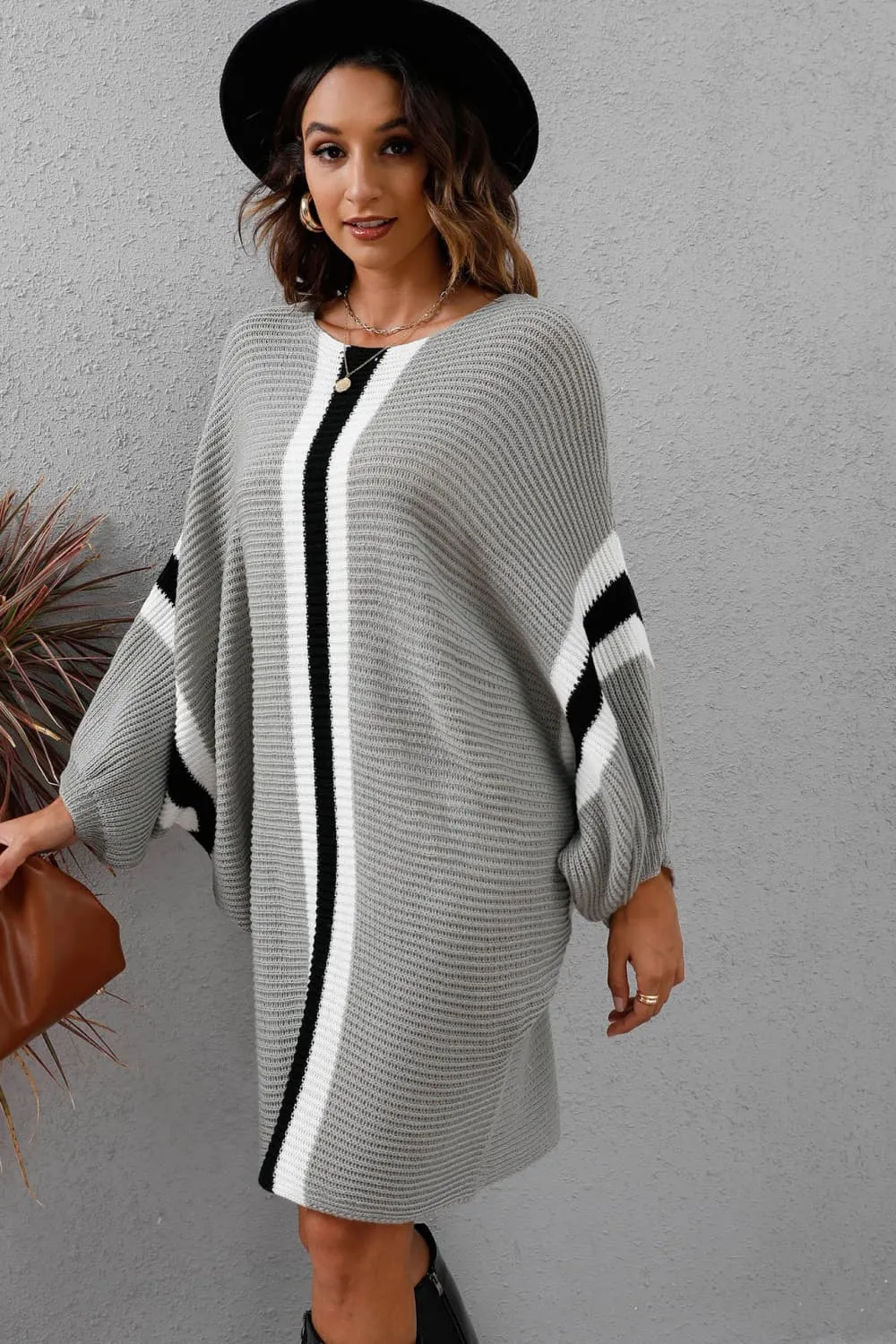 Ribbed Round Neck Long Sleeve Sweater Dress, image 5