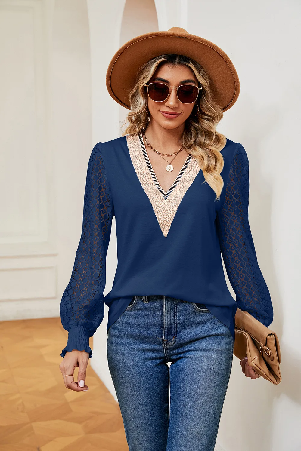 Contrast V-Neck Long Sleeve Blouse, image 4