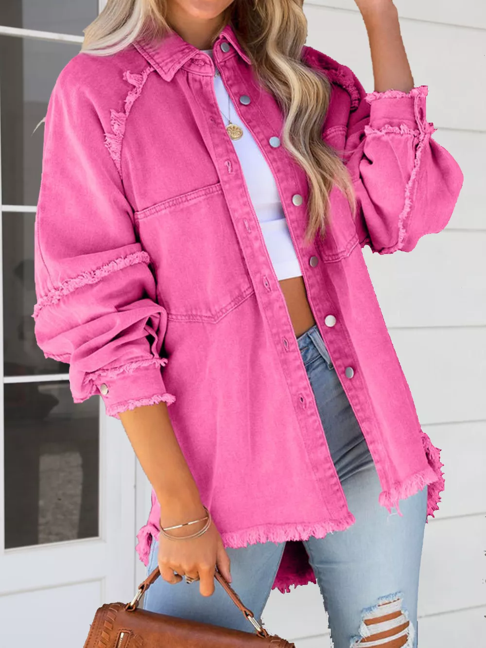 Button Down Raw Hem Denim Jacket, image 3