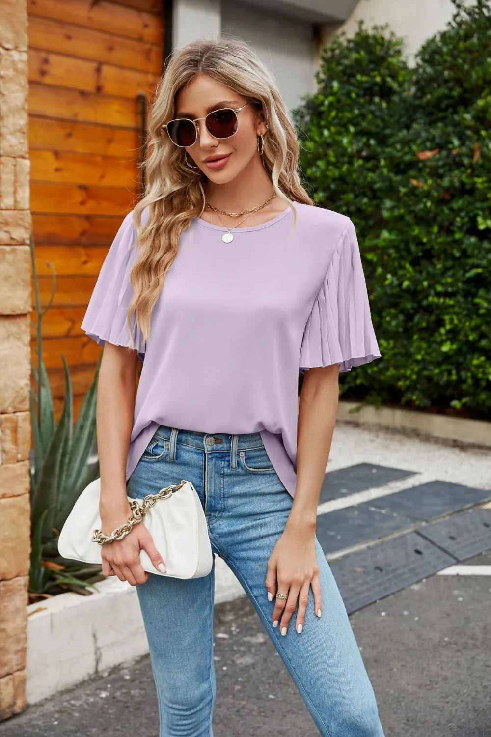 Pleated Flutter Sleeve Round Neck Blouse, image 4