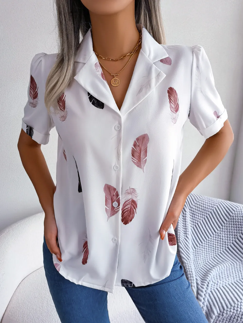 Feather Print Lapel Collar Puff Sleeve Shirt, image 4