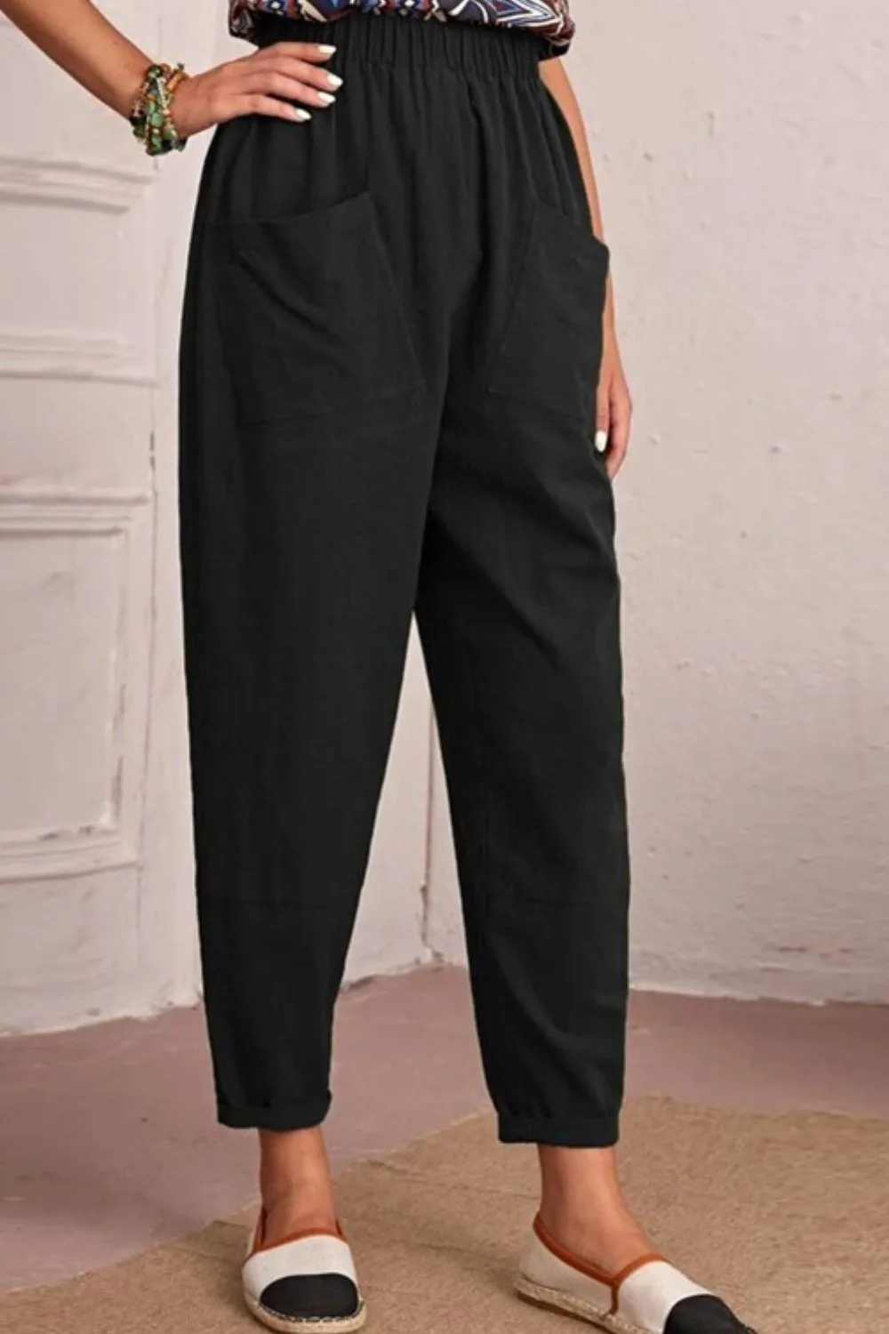 Elastic Waist Pocket Tapered Pants, image 2