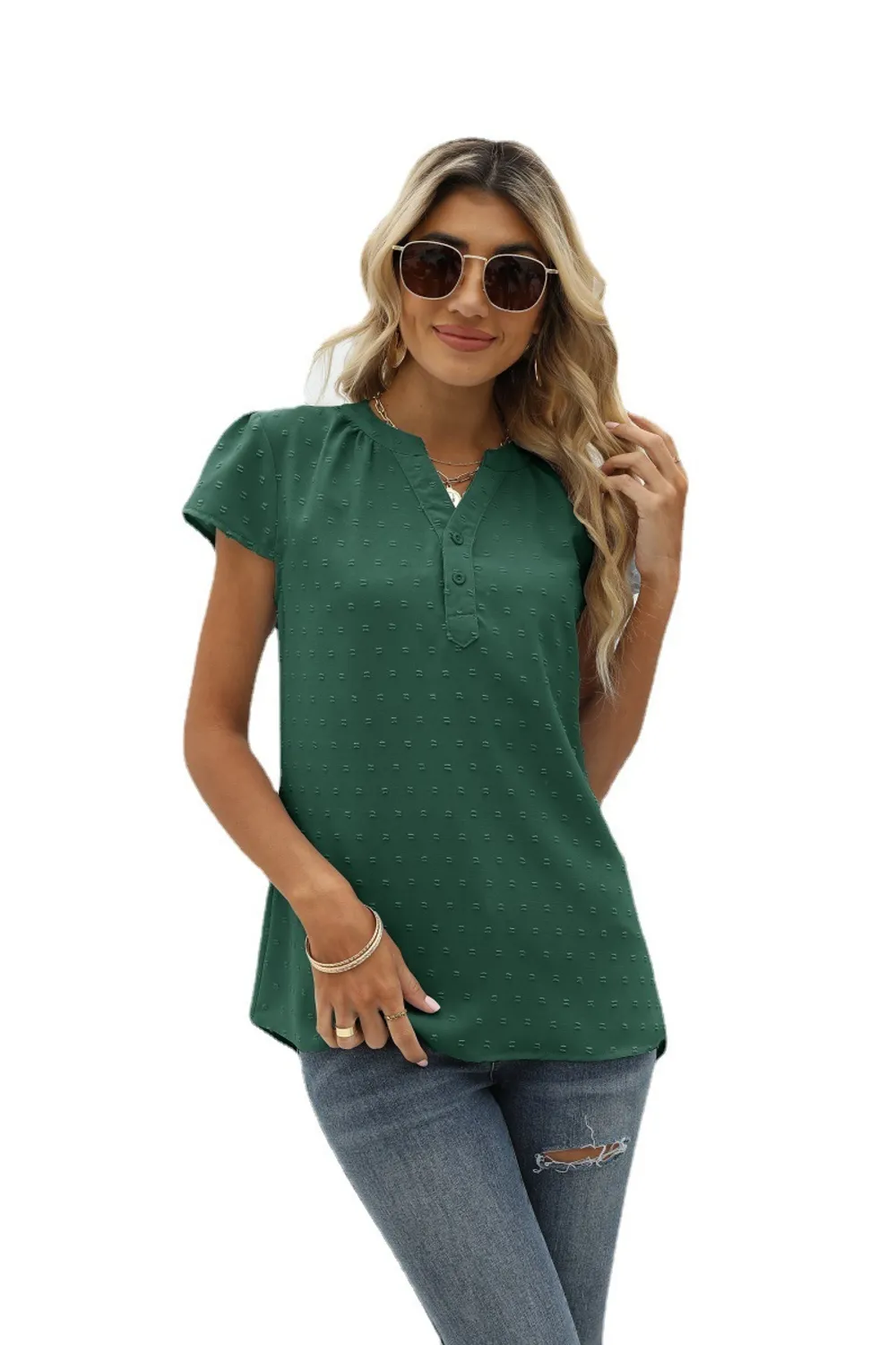 Swiss Dot Notched Neck Short Sleeve Top, image 4