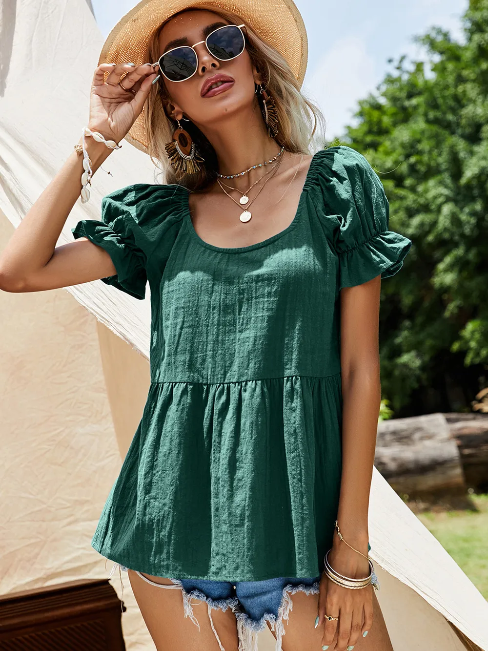 Scoop Neck Flounce Sleeve Blouse, image 2