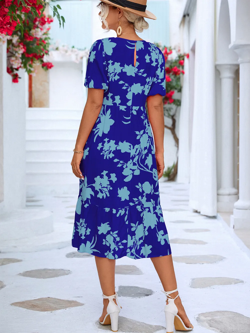 Floral Puff Sleeve Ruffle Hem Midi Dress, image 3