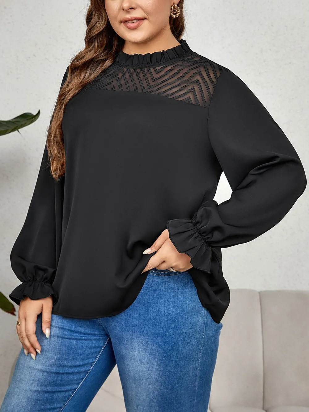 Plus Size Round Neck Flounce Sleeve Blouse, image 2