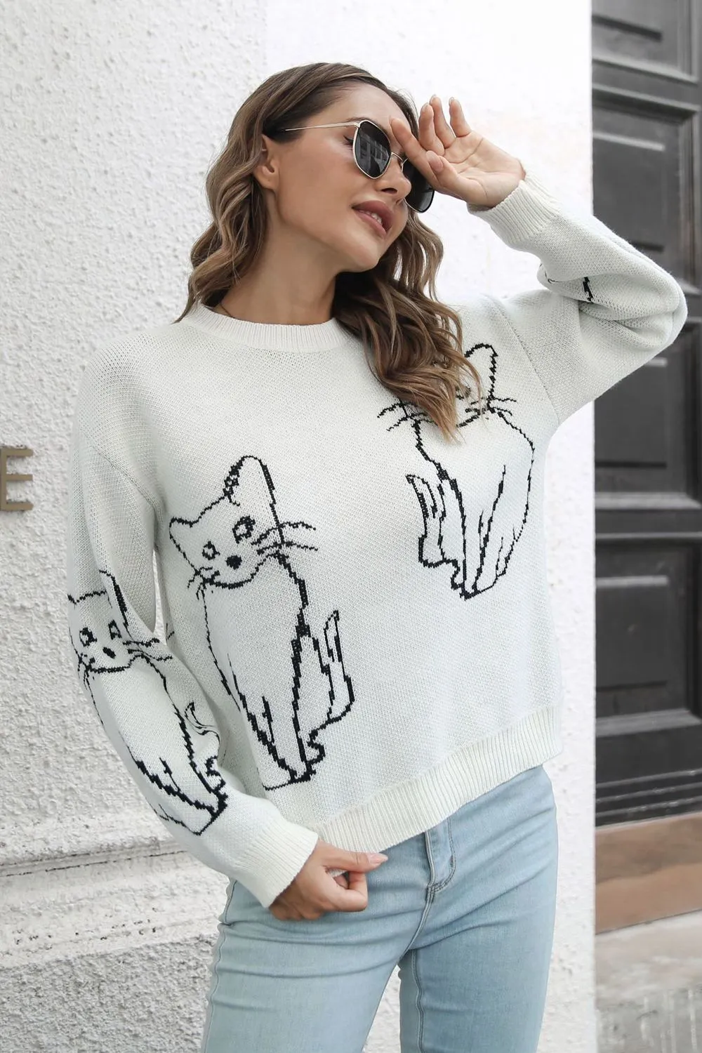 Cat Pattern Round Neck Long Sleeve Pullover Sweater, image 13
