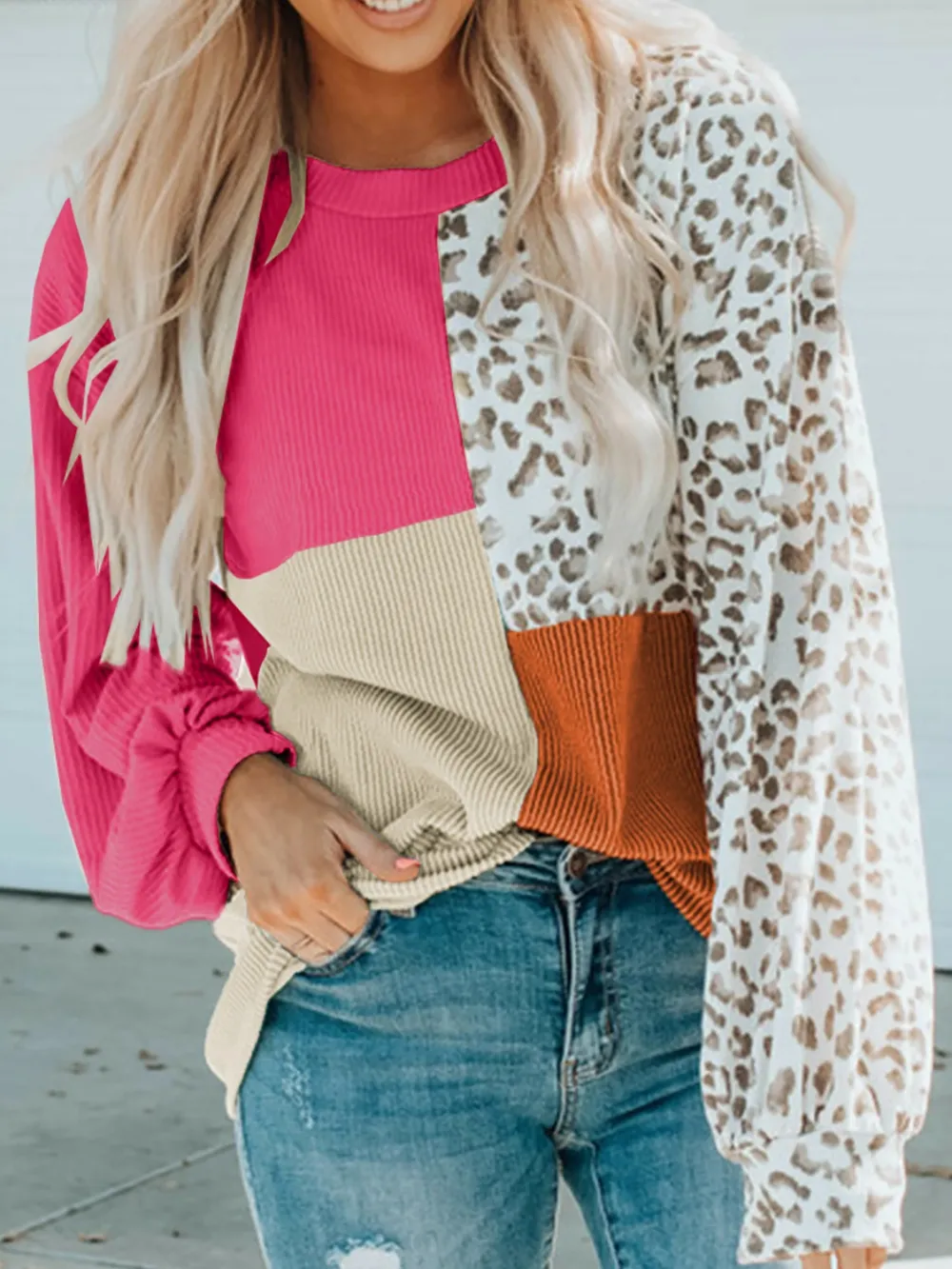 Color Block Leopard Round Neck Sweatshirt, image 3