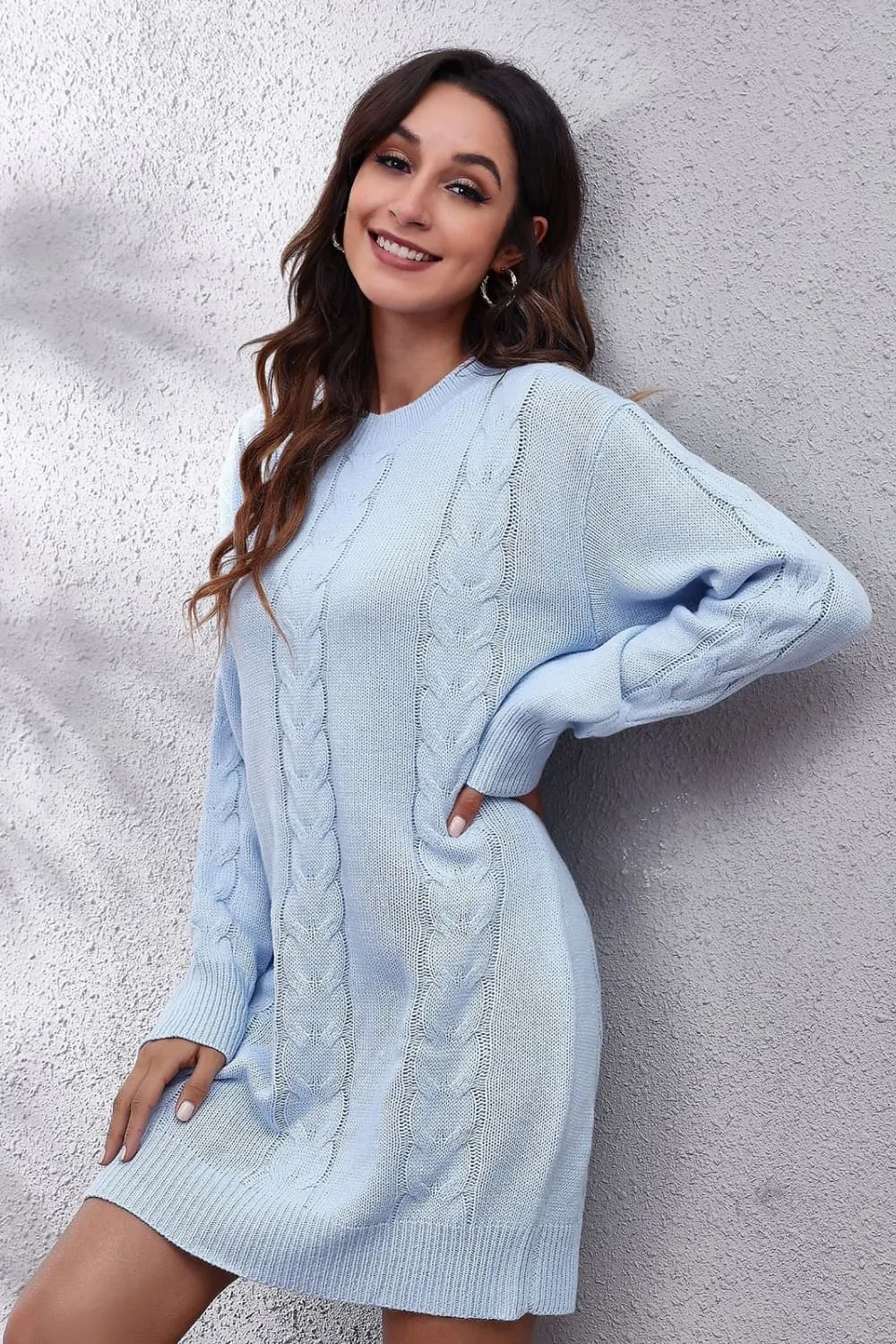 Cable-Knit Round Neck Sweater Dress, image 5