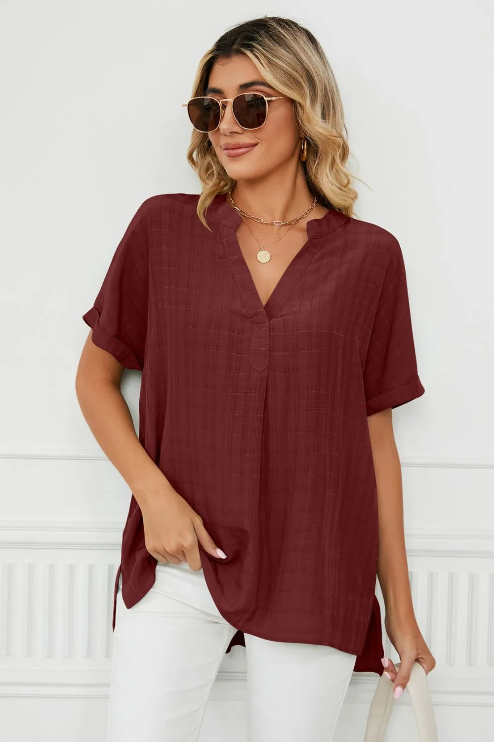 Side Slit Notched Neck Cuffed Short Sleeve Blouse, image 12