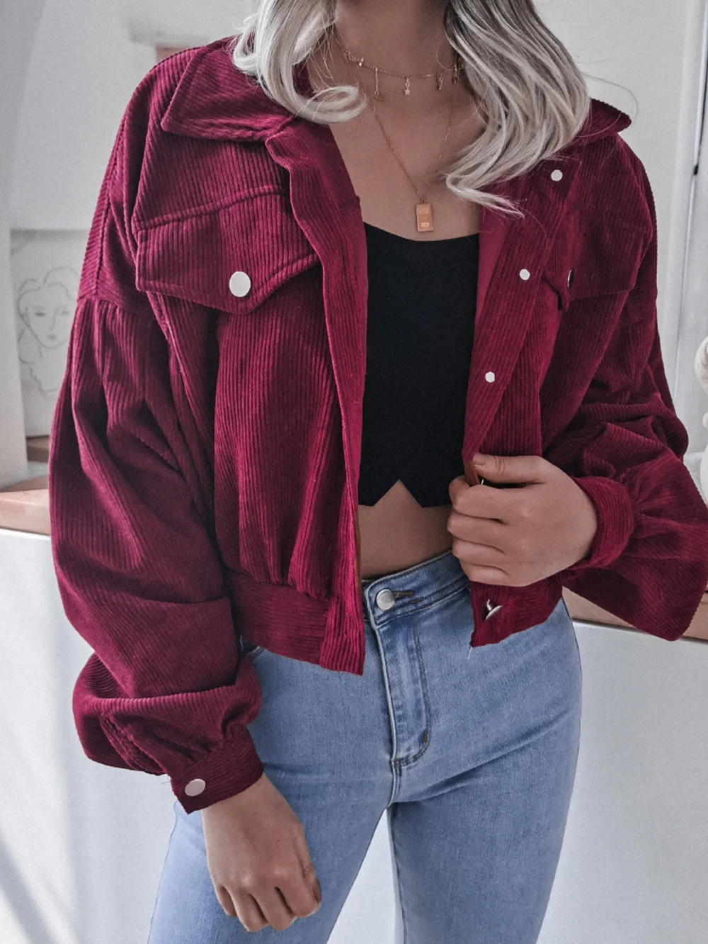 Lantern Sleeve Cropped Corduroy Jacket, image 8