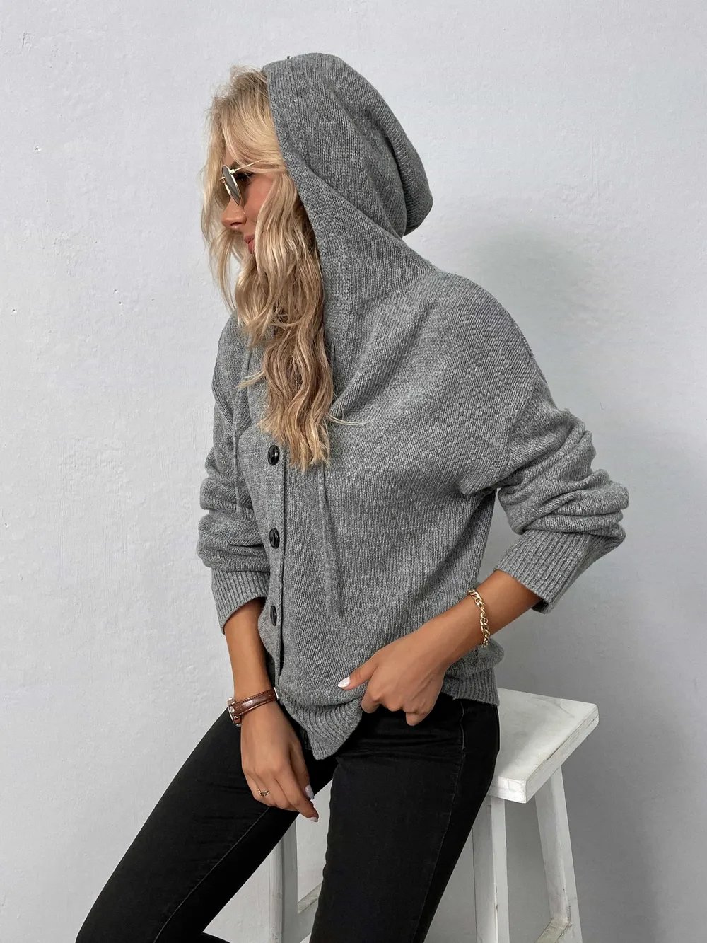 Button-Down Long Sleeve Hooded Sweater, image 2