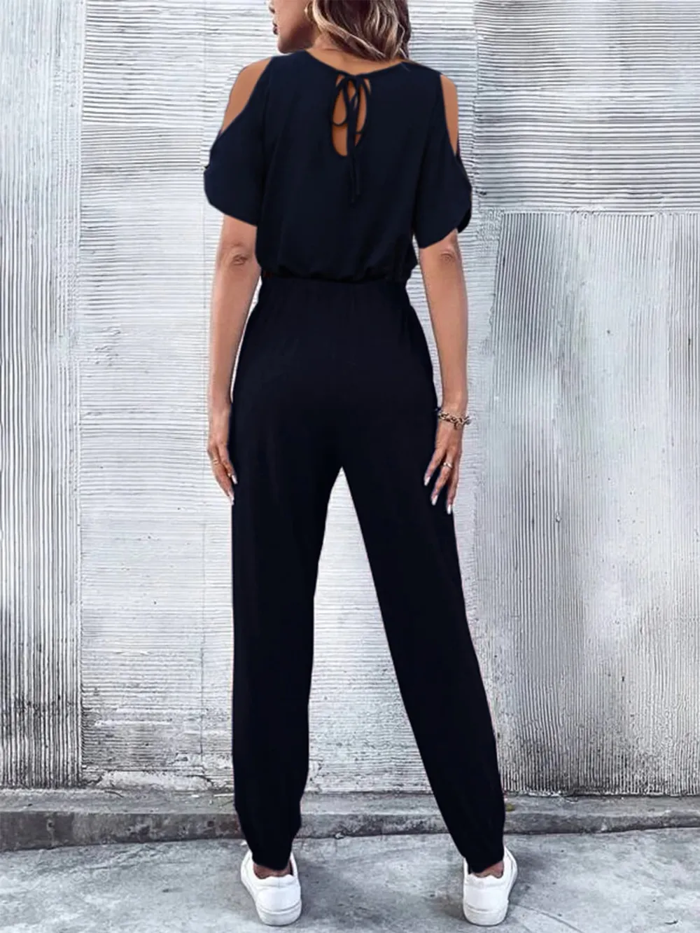 V-Neck Cold-Shoulder Jumpsuit with Pockets, image 2