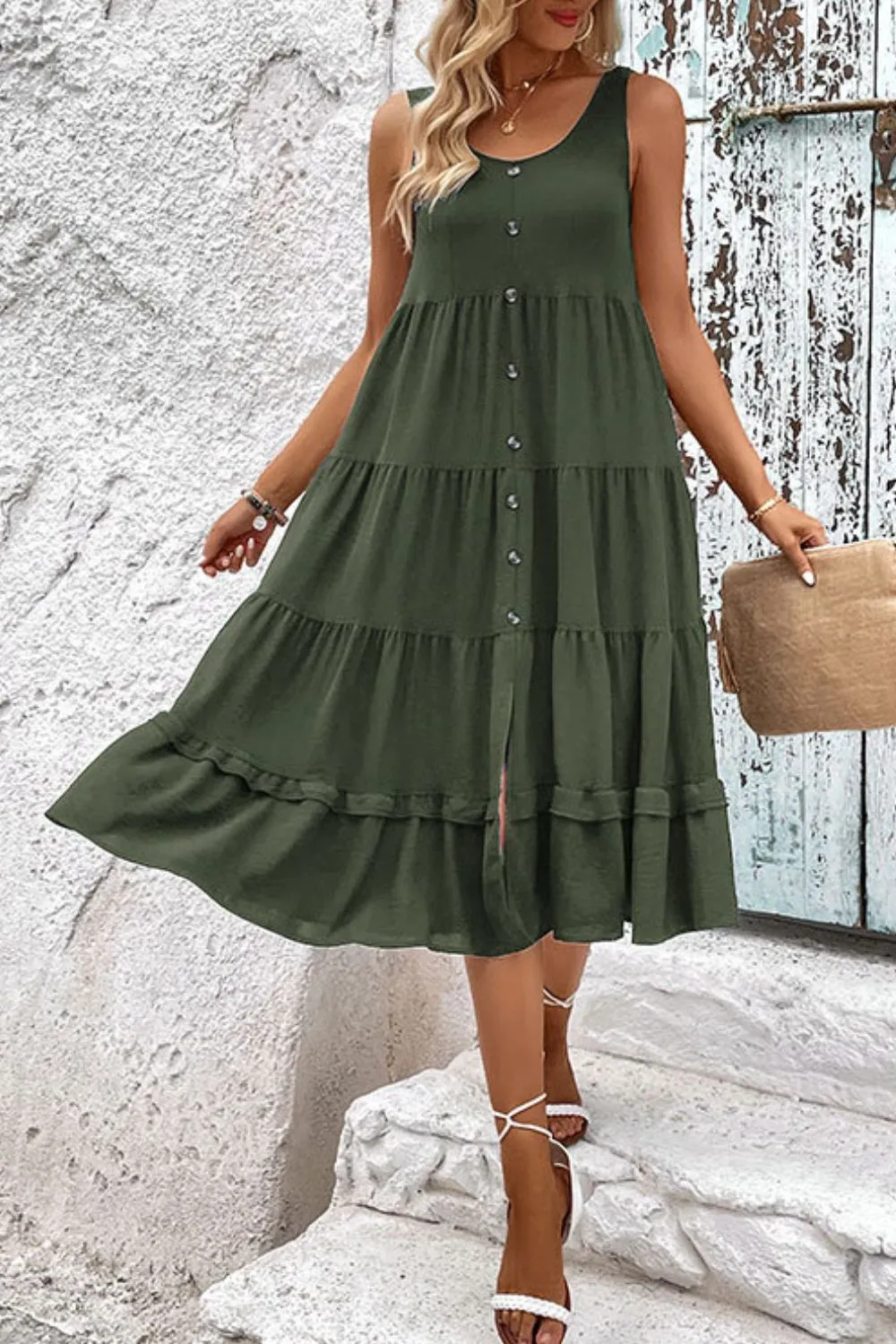 Decorative Button Scoop Neck Tiered Sleeveless Dress, image 4
