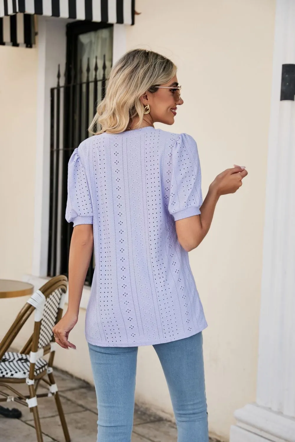 Eyelet Puff Sleeve V-Neck Top, image 4