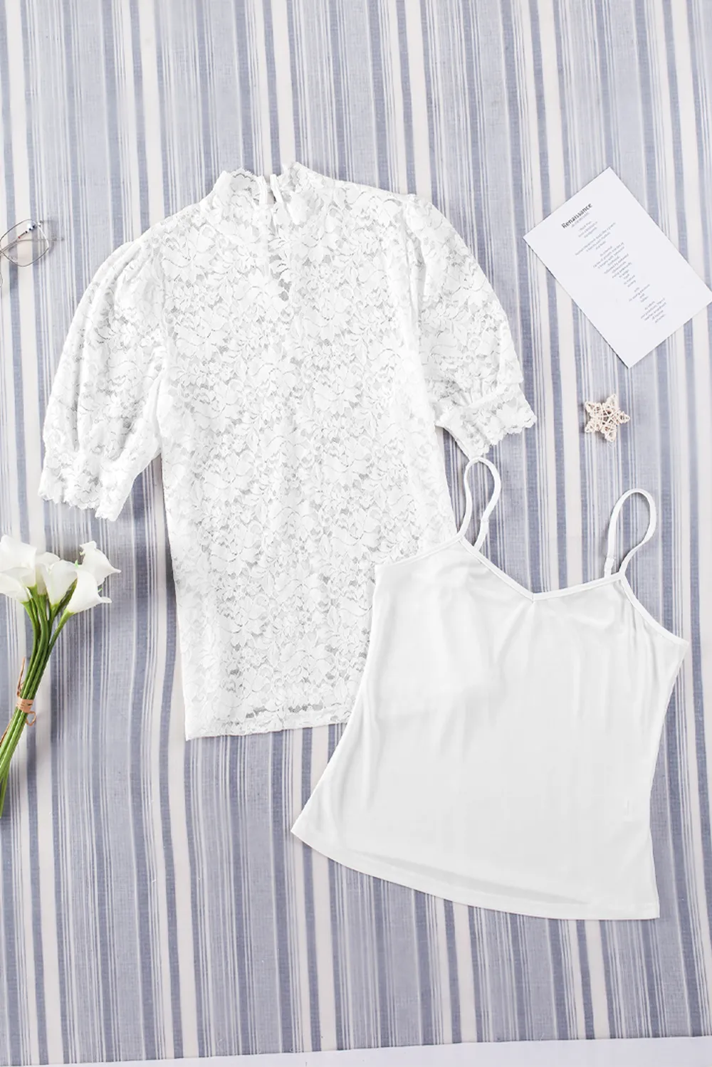 Lace Scalloped Short Puff Sleeve Top, image 5