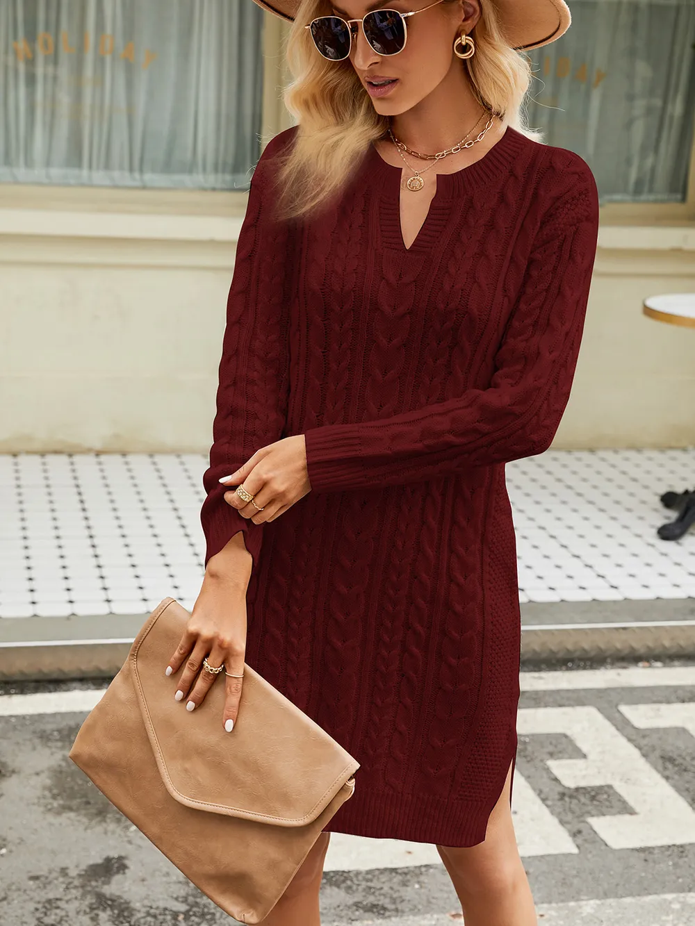 Notched Neck Cable-Knit Slit Sweater Dress, image 9