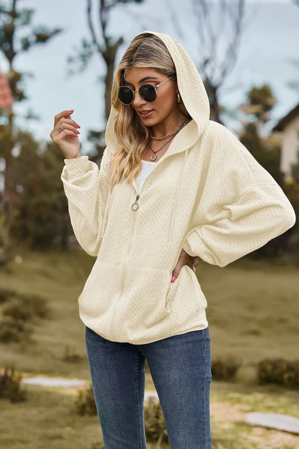 Cable-Knit Long Sleeve Hooded Jacket, image 6