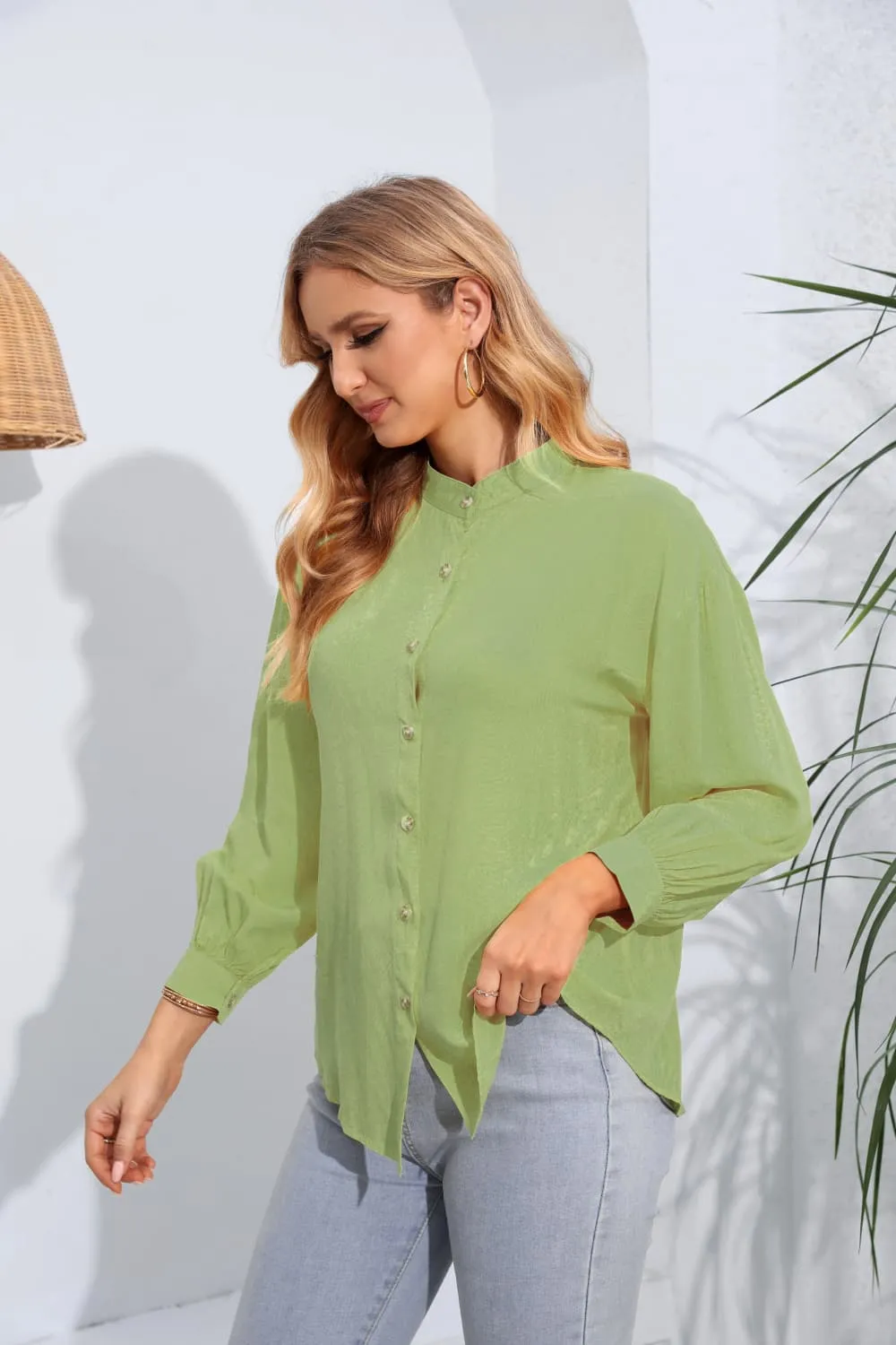 Mock Neck Buttoned Long Sleeve Shirt, image 3