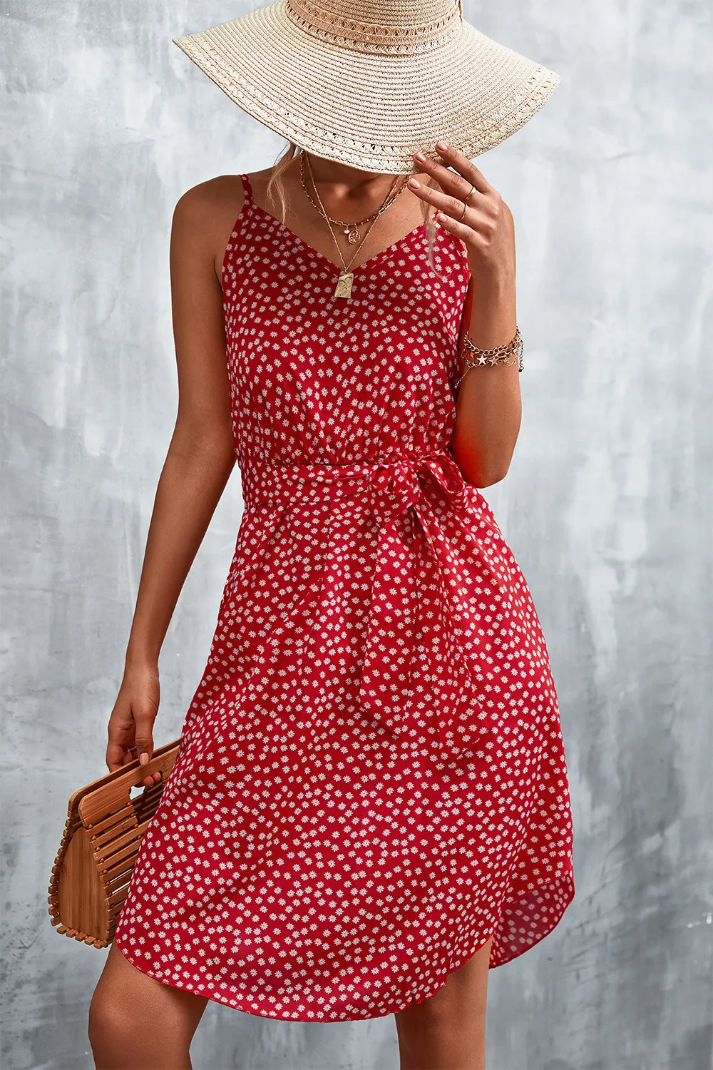 Printed V-Neck Tie Waist Mini Dress, image 5