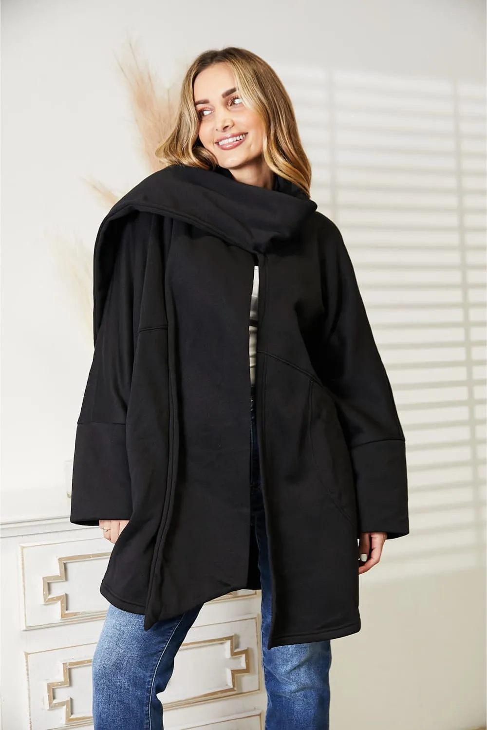 Full Size Open Front Cardigan with Scarf Design, image 5