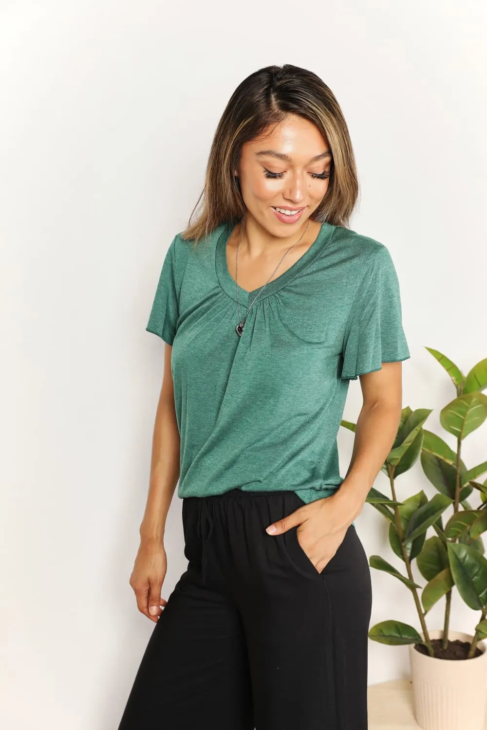Ruched V-Neck Short Sleeve T-Shirt, image 9