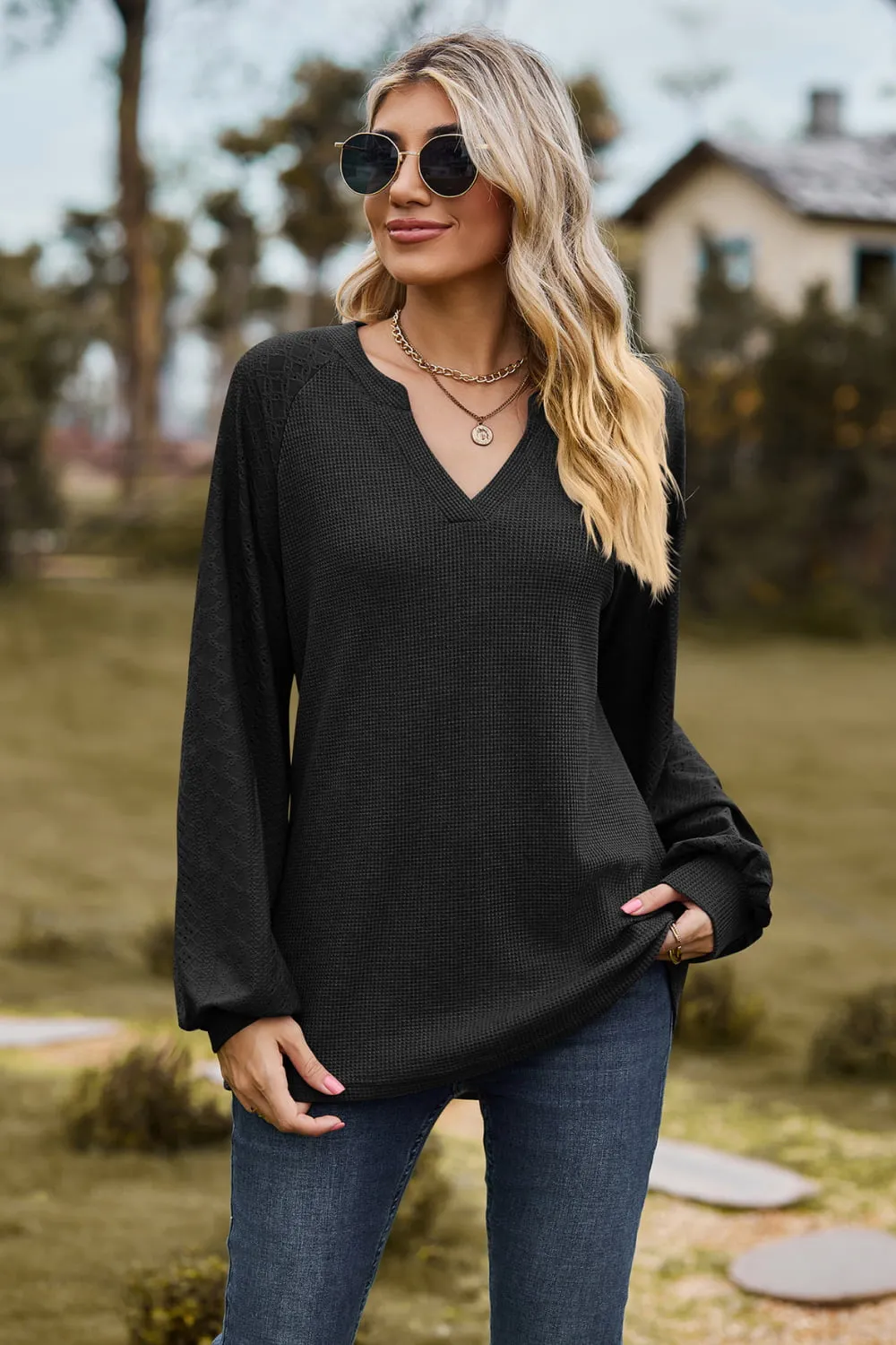 Notched Neck Raglan Sleeve Blouse, image 14