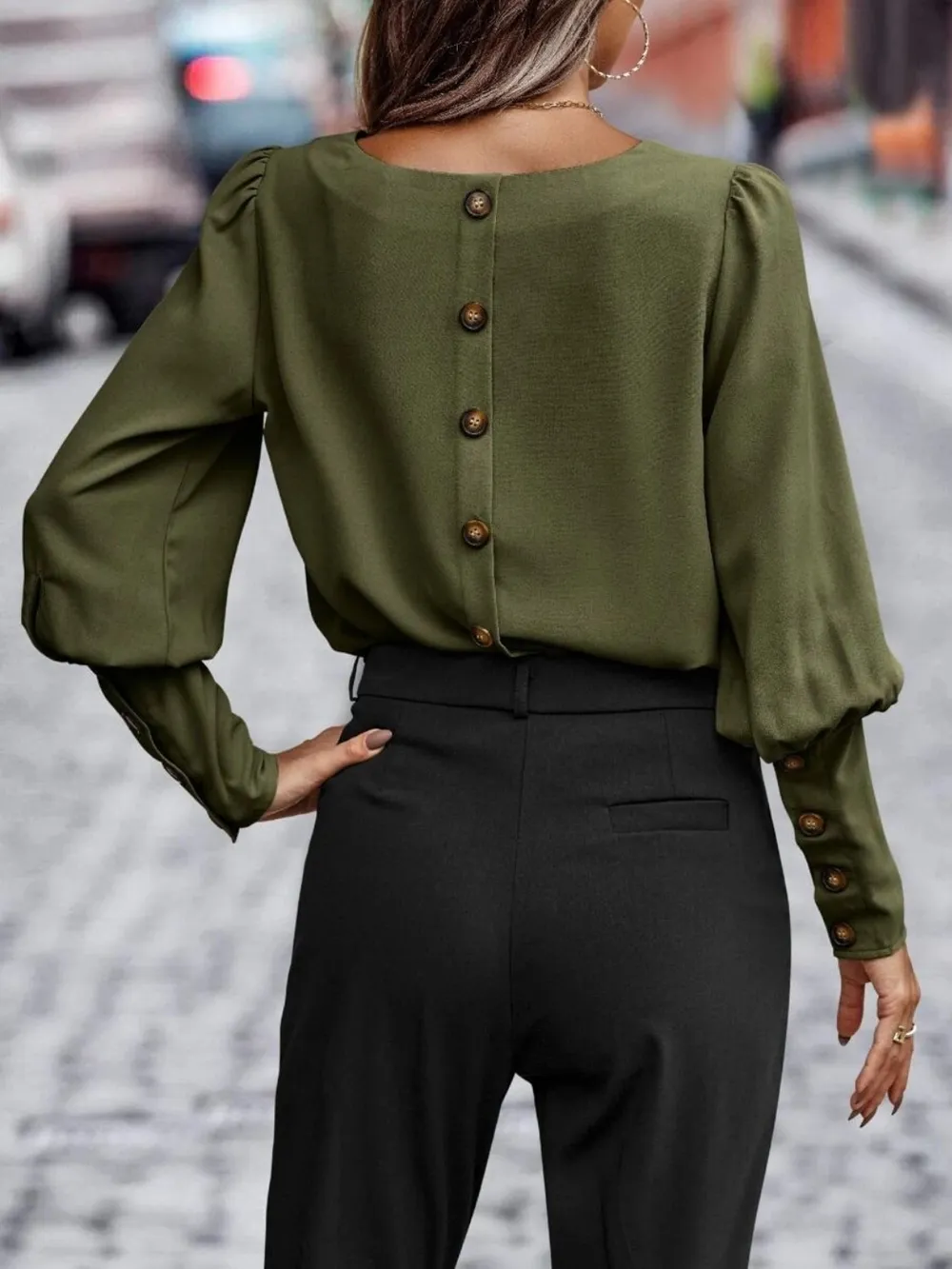 Round Neck Lantern Sleeve Blouse, image 3