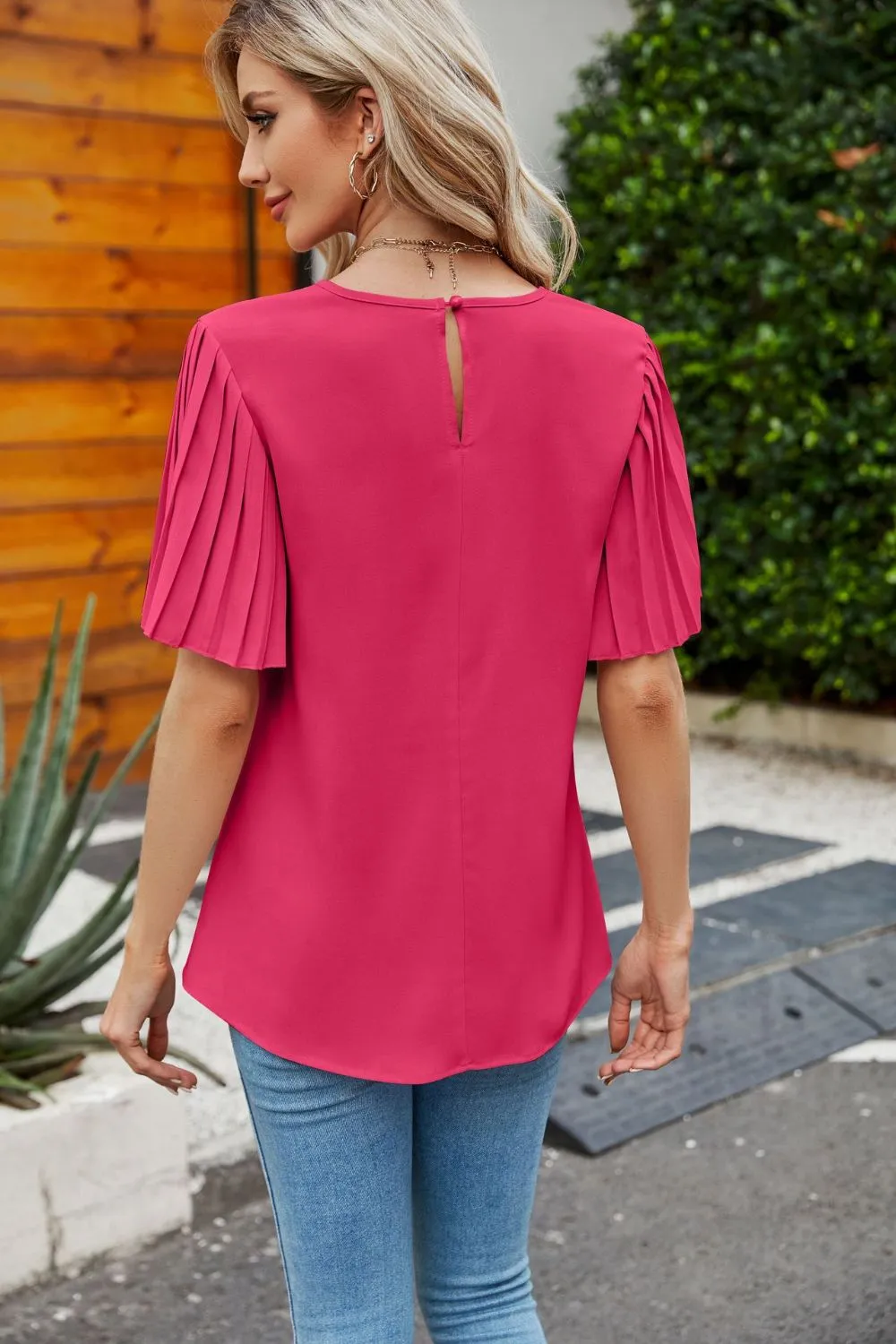 Pleated Flutter Sleeve Round Neck Blouse, image 5