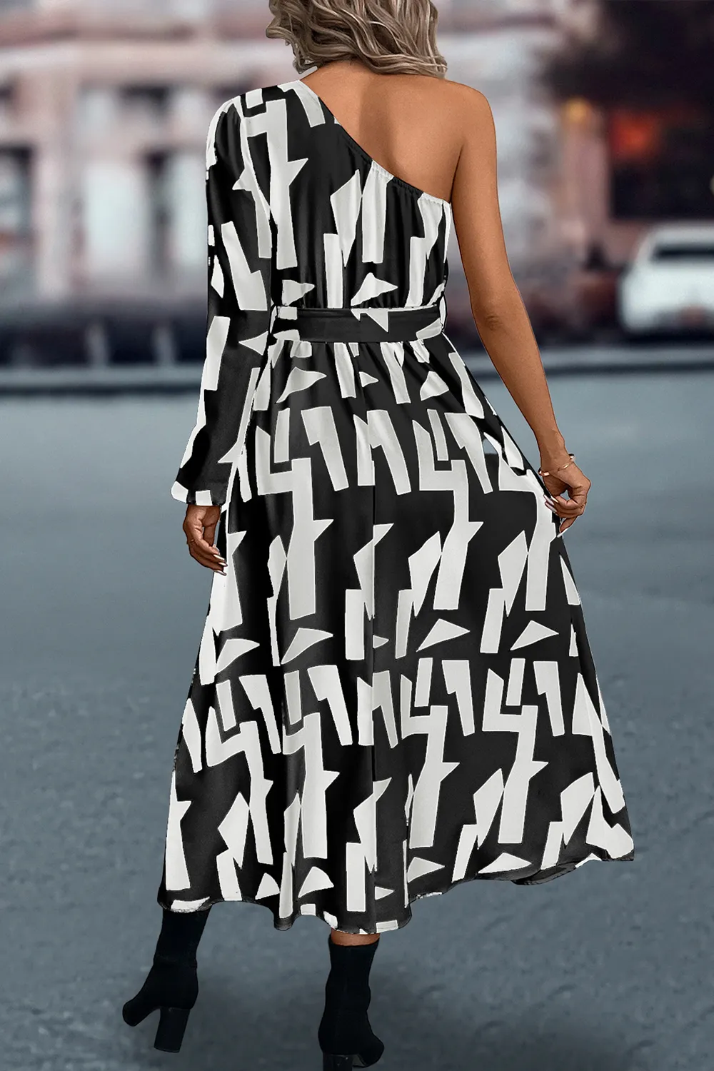 Printed One-Shoulder Tie Waist Dress, image 3