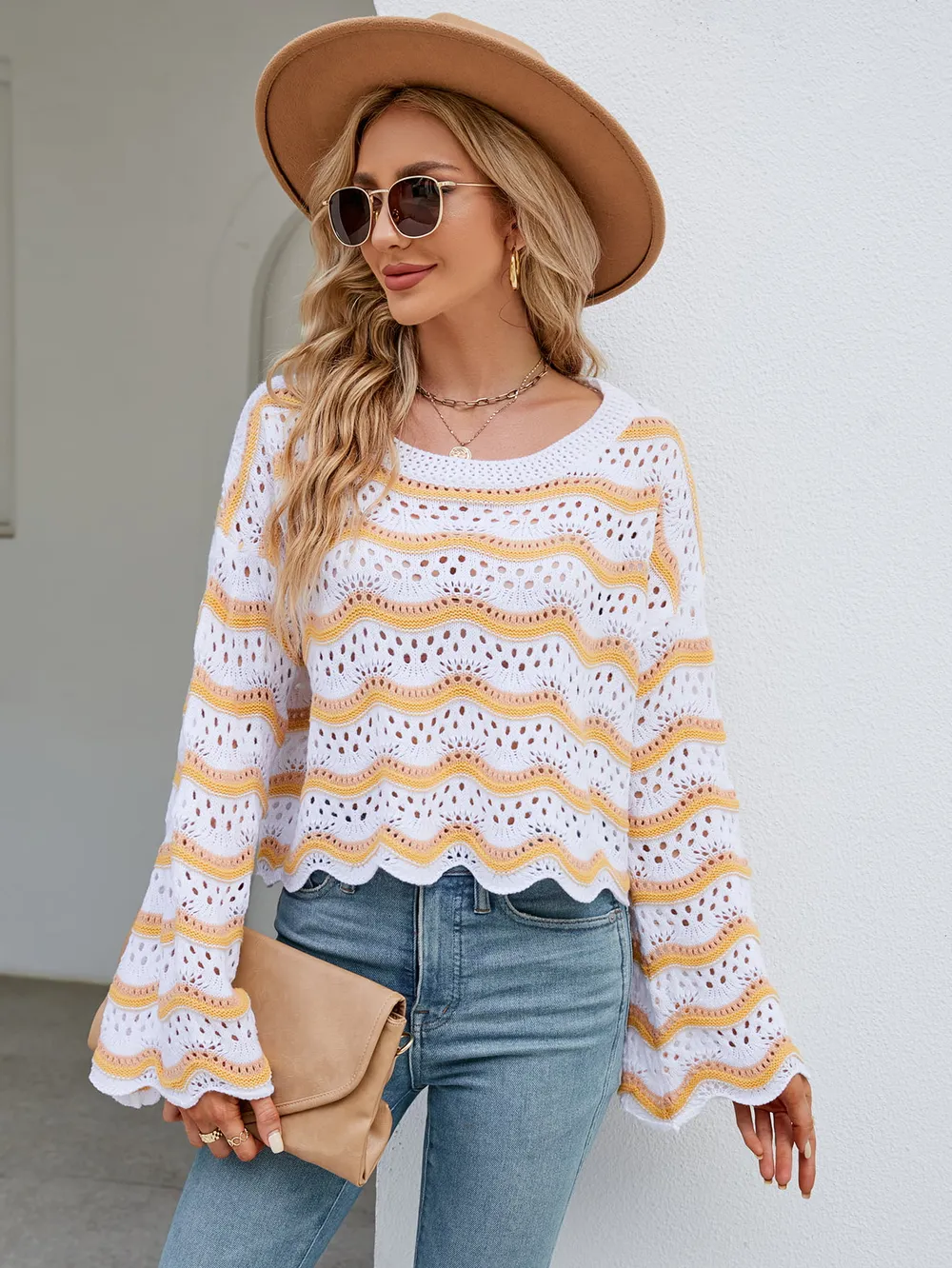 Round Neck Openwork Flare Sleeve Knit Top, image 18