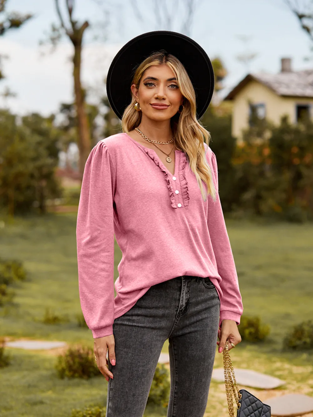 Puff Sleeve Ruffle Trim Blouse, image 9
