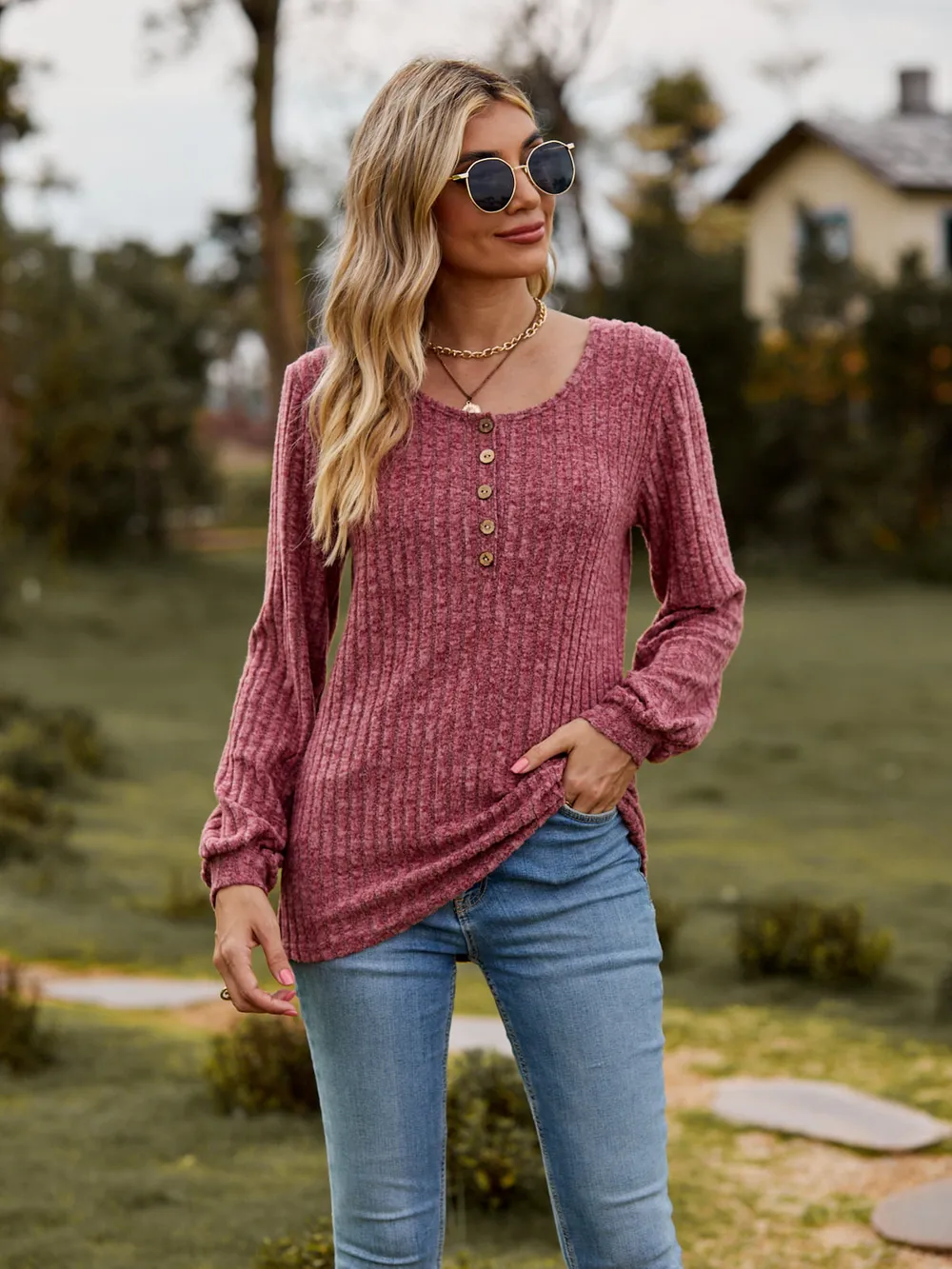 Round Neck Button-Down Long Sleeve Tee, image 16