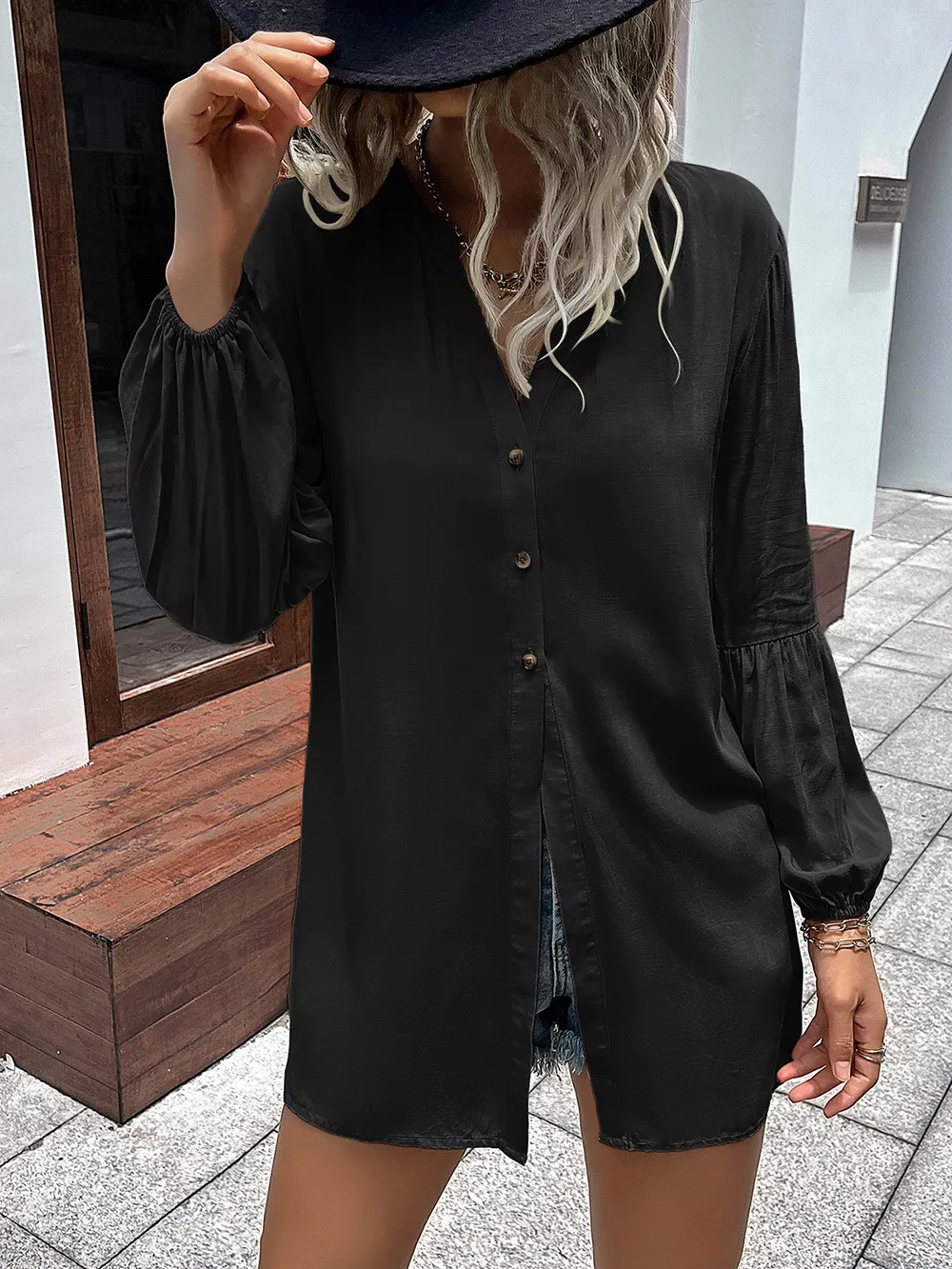 Notched Neck Balloon Sleeve Shirt, image 8