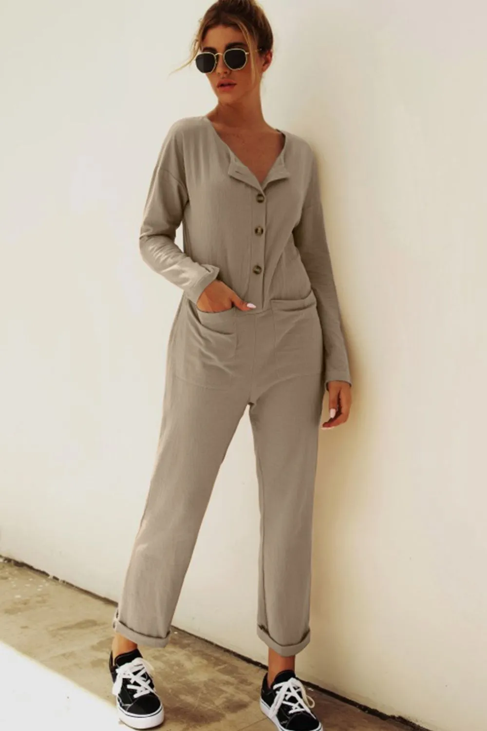 Buttoned Drop Shoulder Pocket Jumpsuit, image 4