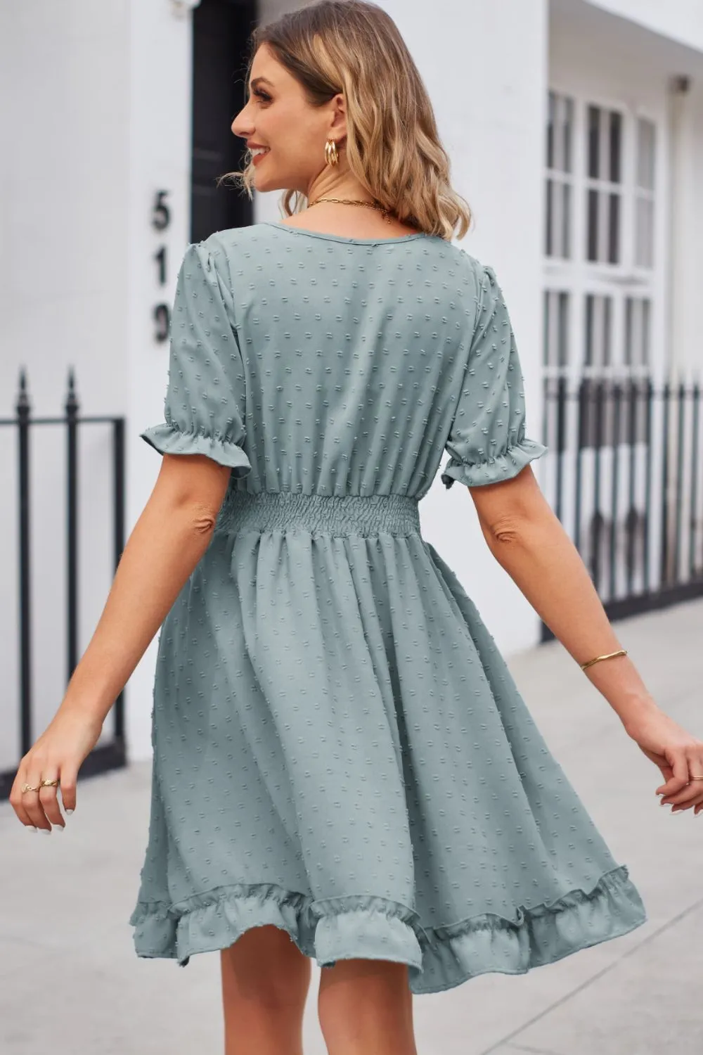Swiss Dot Frill Trim Flounce Sleeve V-Neck Dress, image 2
