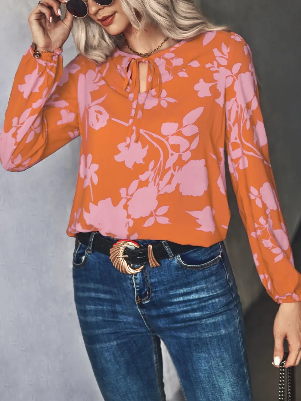 Printed Tie Neck Long Sleeve Blouse, image 6