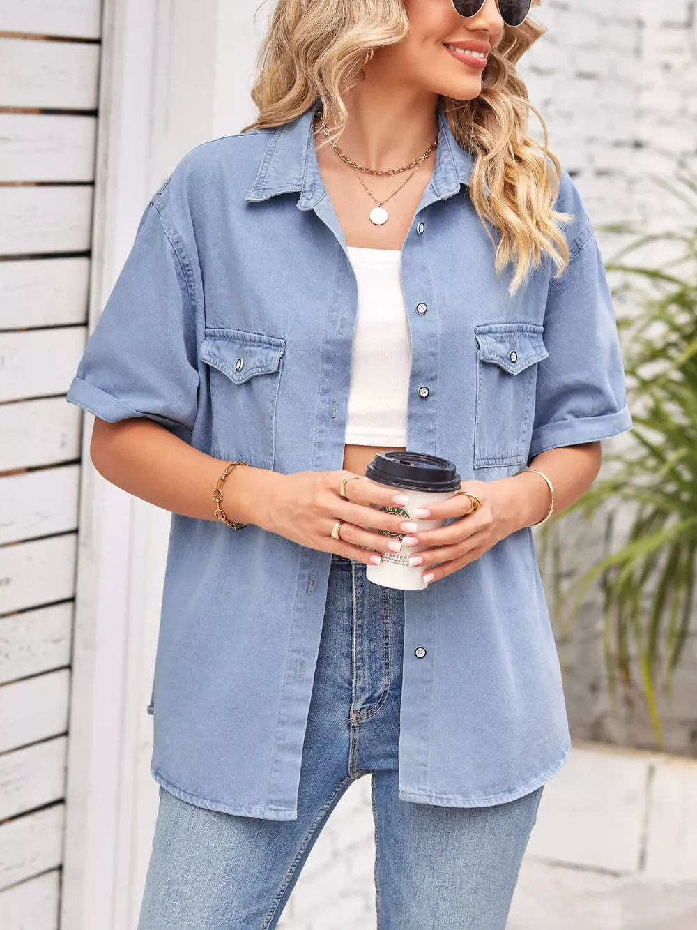 Collared Neck Short Sleeve Denim Jacket, image 2