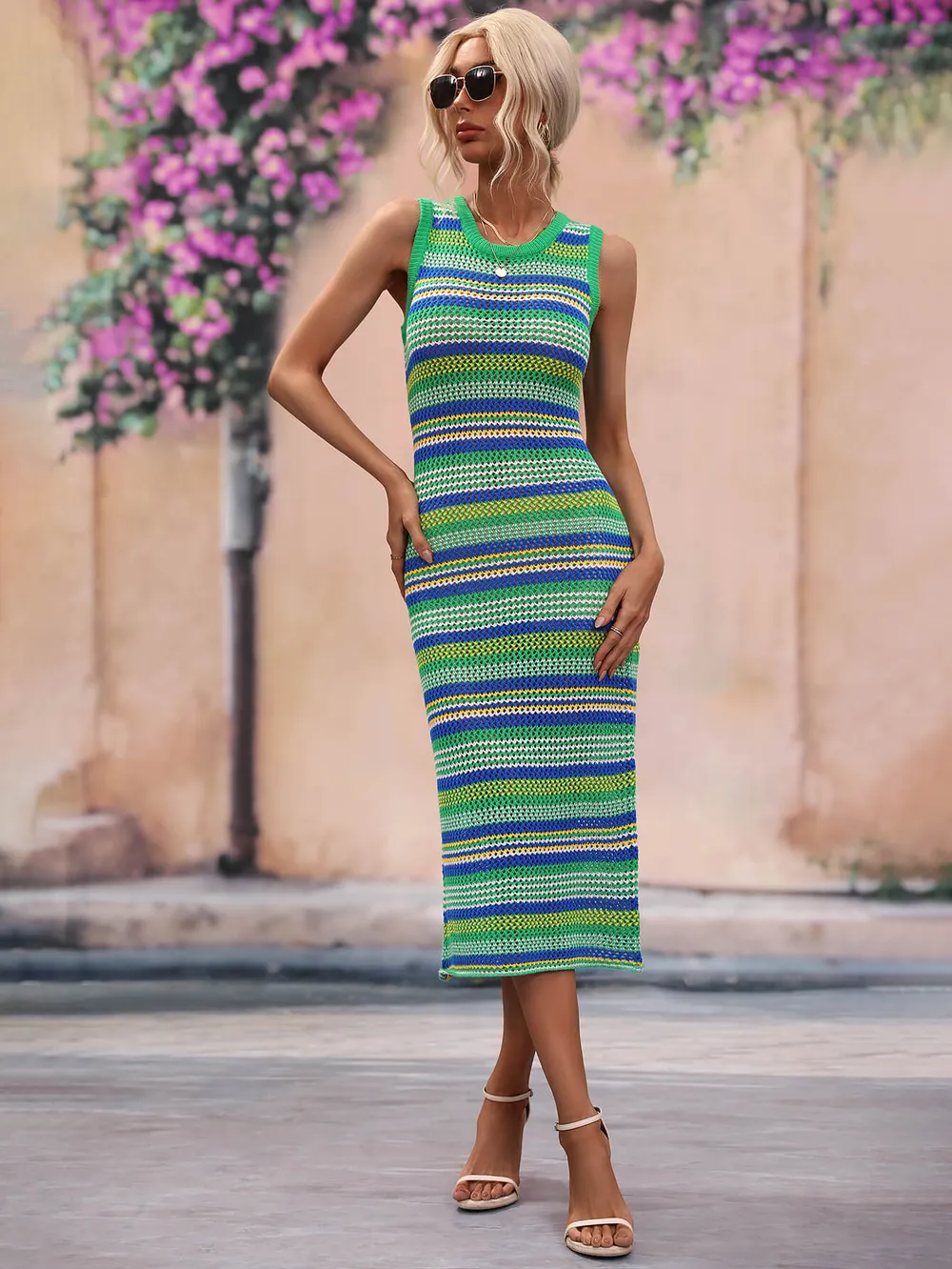 Striped Round Neck Sleeveless Midi Cover Up Dress, image 4