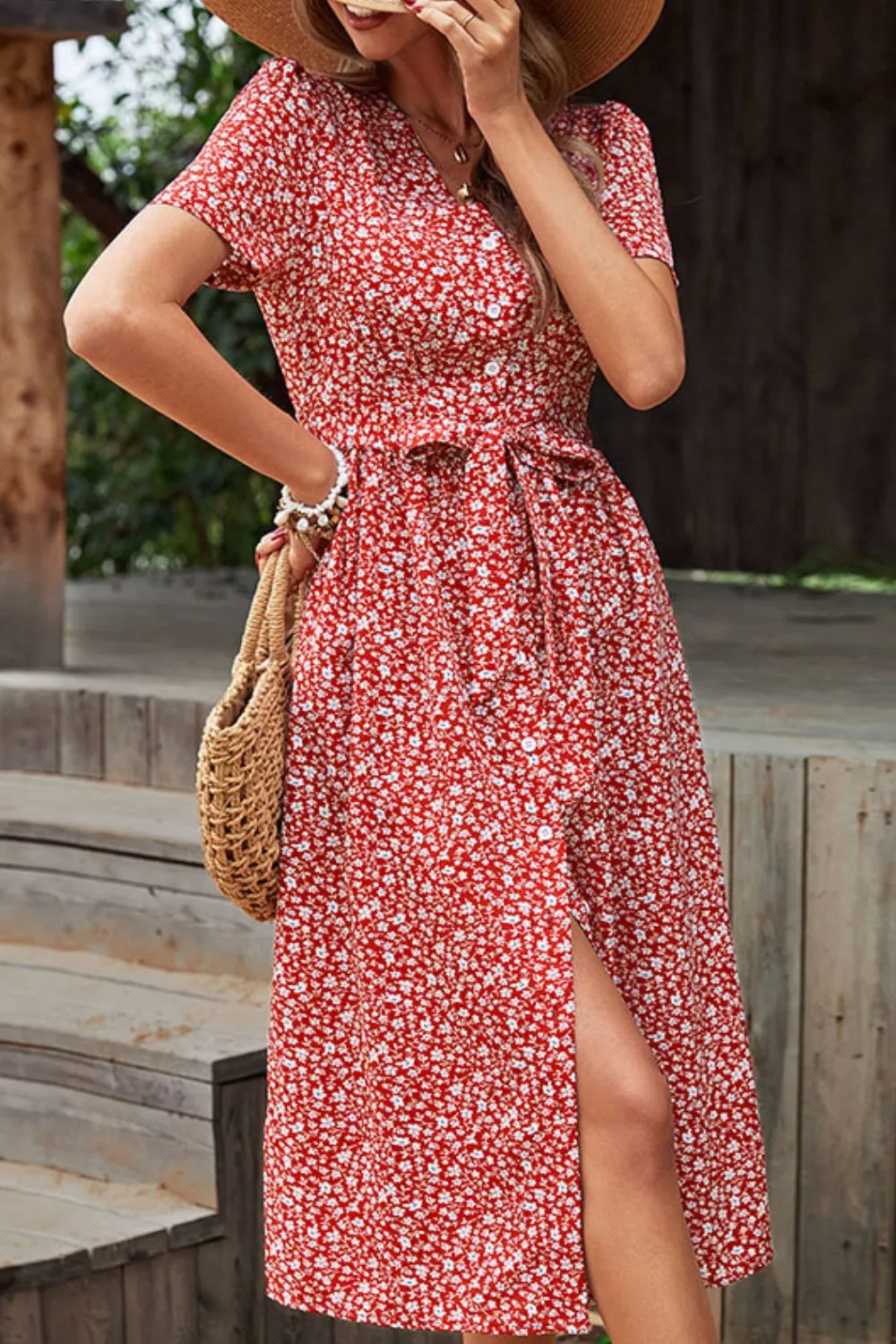Ditsy Floral Button Front Tied Puff Sleeve Dress, image 2