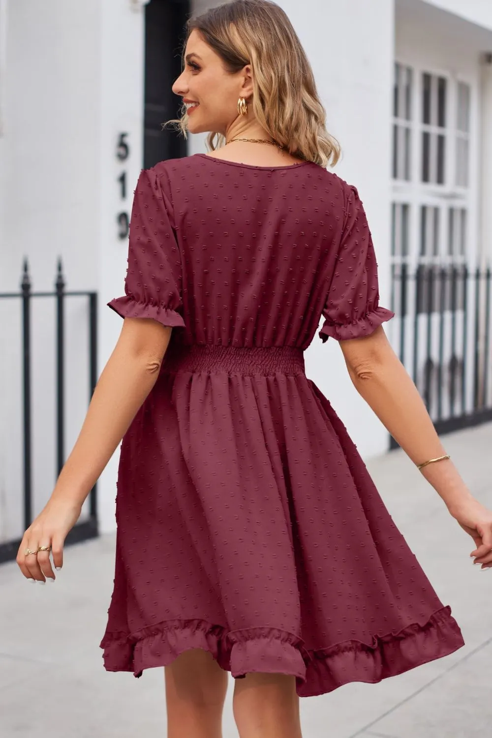 Swiss Dot Frill Trim Flounce Sleeve V-Neck Dress, image 3