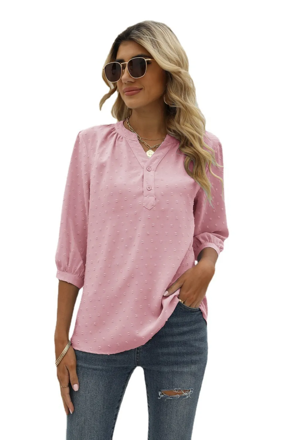 Swiss Dot Notched Neck Three-Quarter Sleeve Blouse, image 13