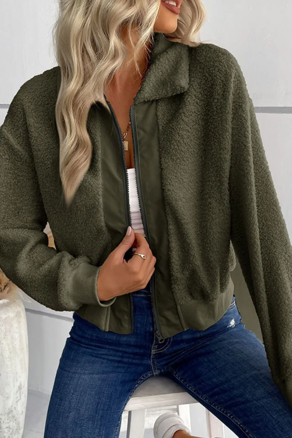 Zip-Up Sherpa Collared Neck Jacket with Pockets, image 7