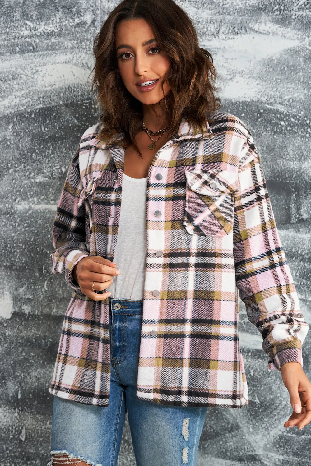 Plaid Button Front Shirt Jacket with Breast Pockets, image 2