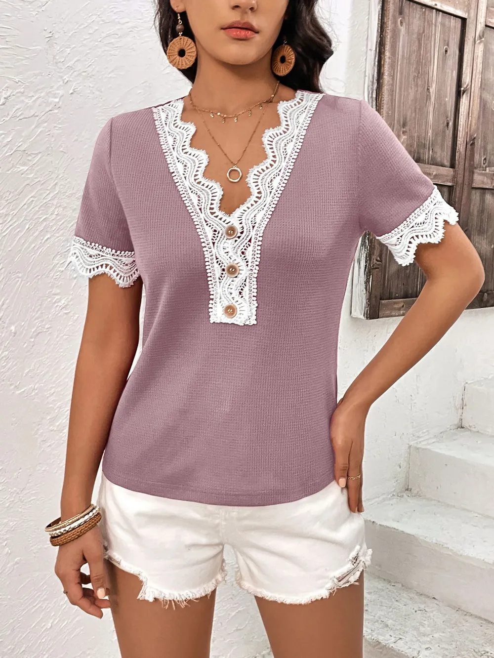 Decorative Button Spliced Lace Short Sleeve Top, image 4