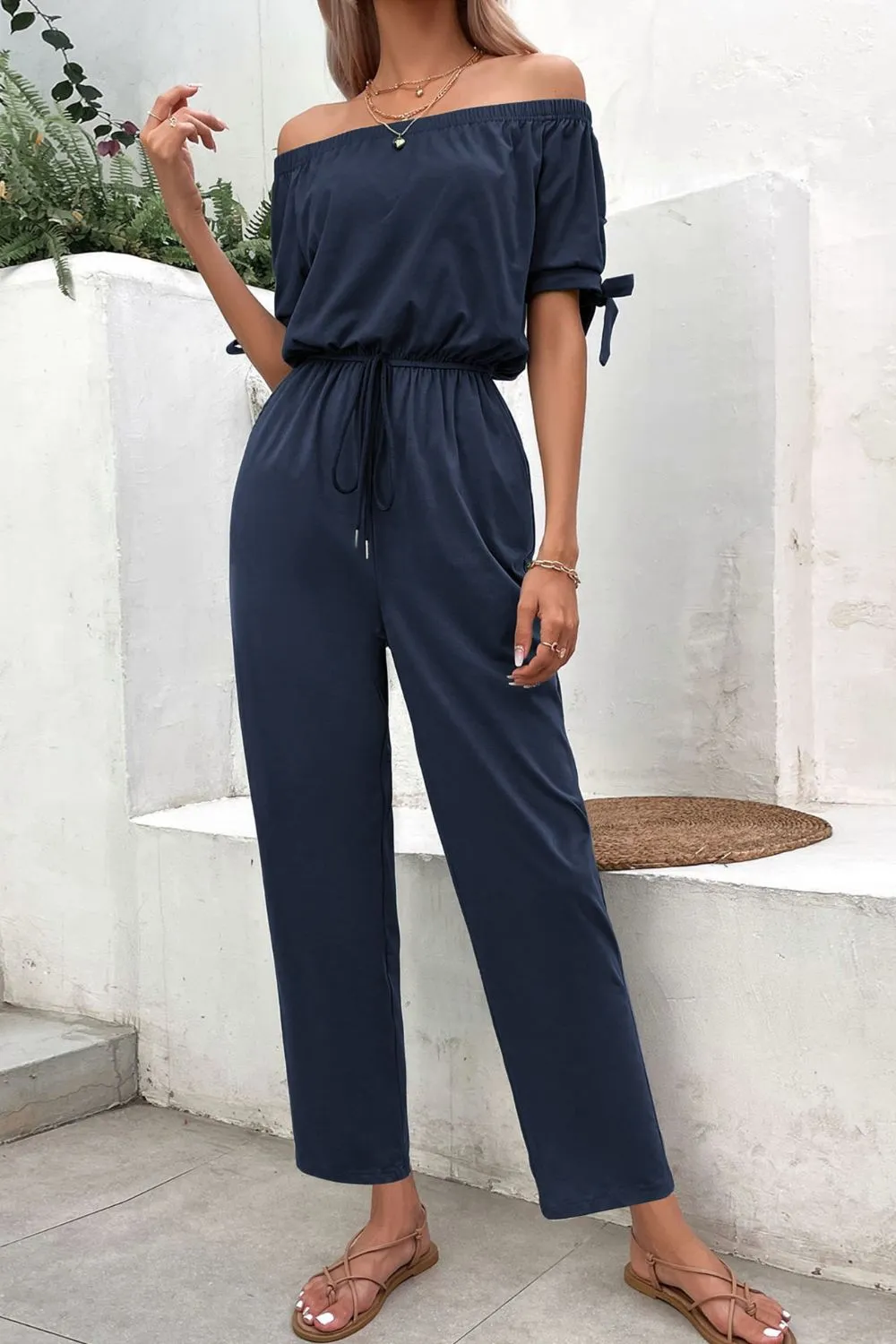 Off-Shoulder Tie Cuff Jumpsuit with Pockets, image 9