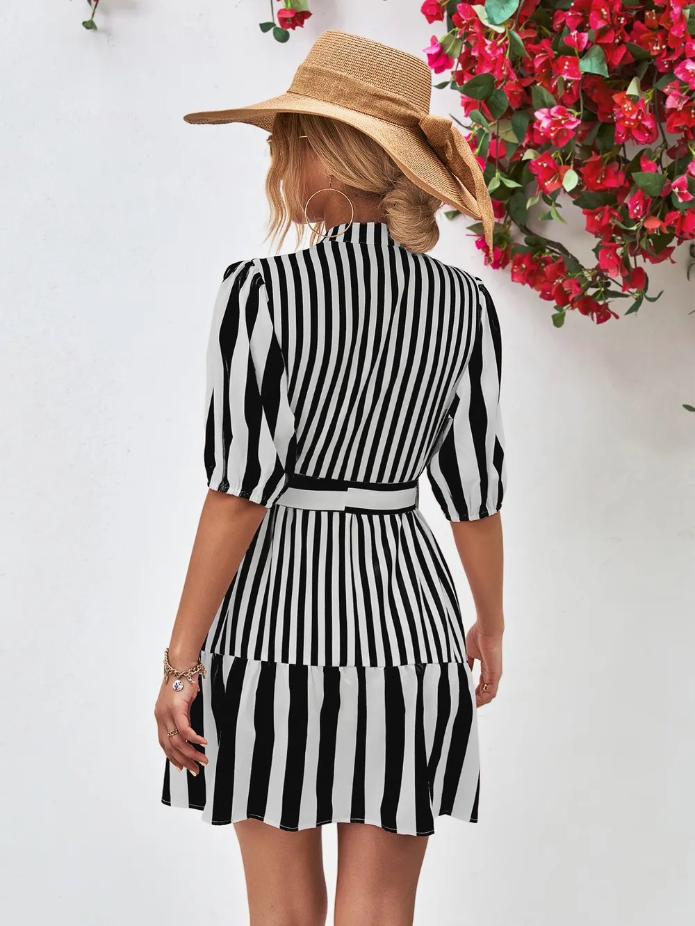 Striped Half Sleeve Tie Waist Mini Dress, image 4