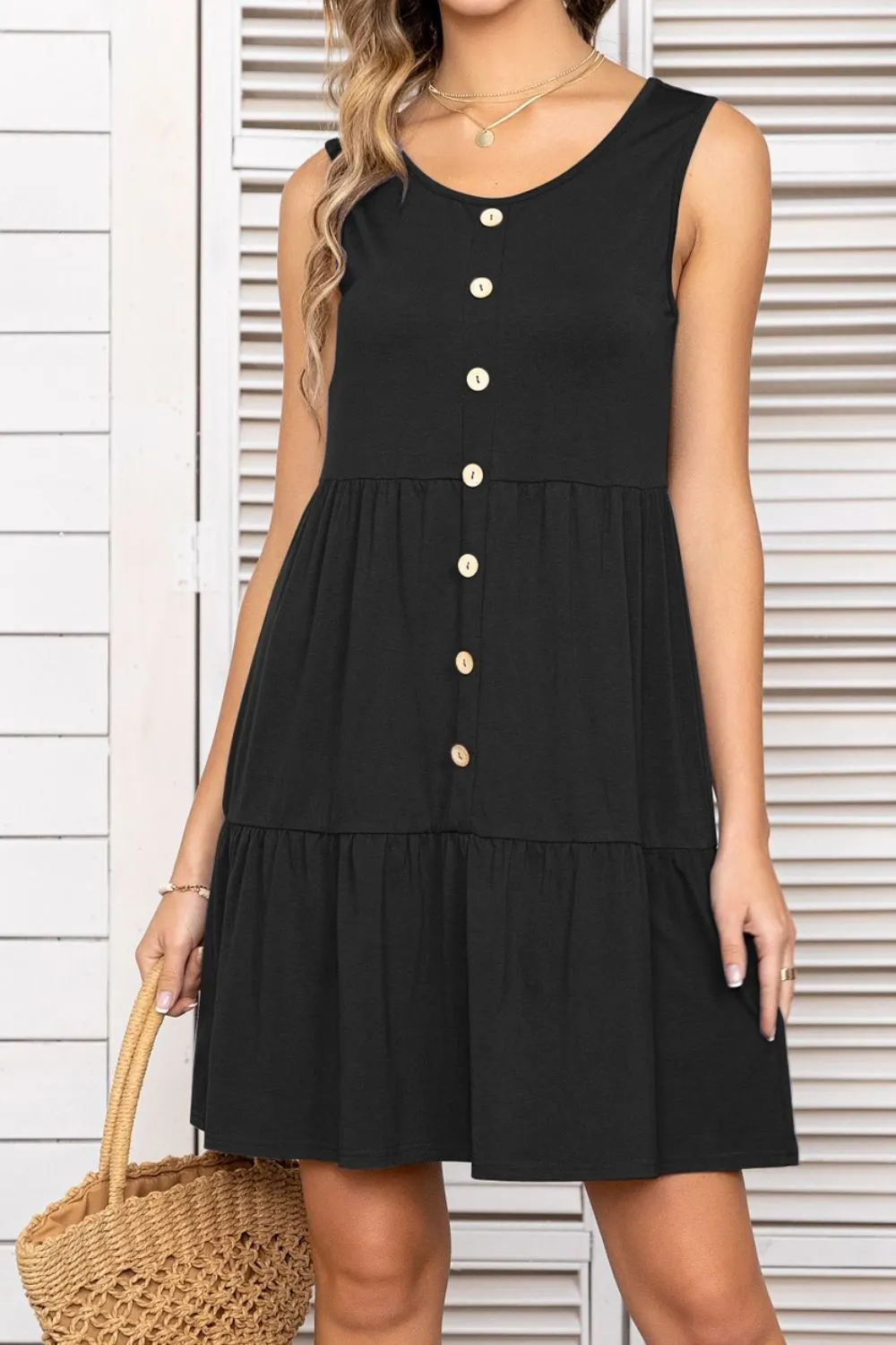 Decorative Button Scoop Neck Sleeveless Tiered Dress, image 6