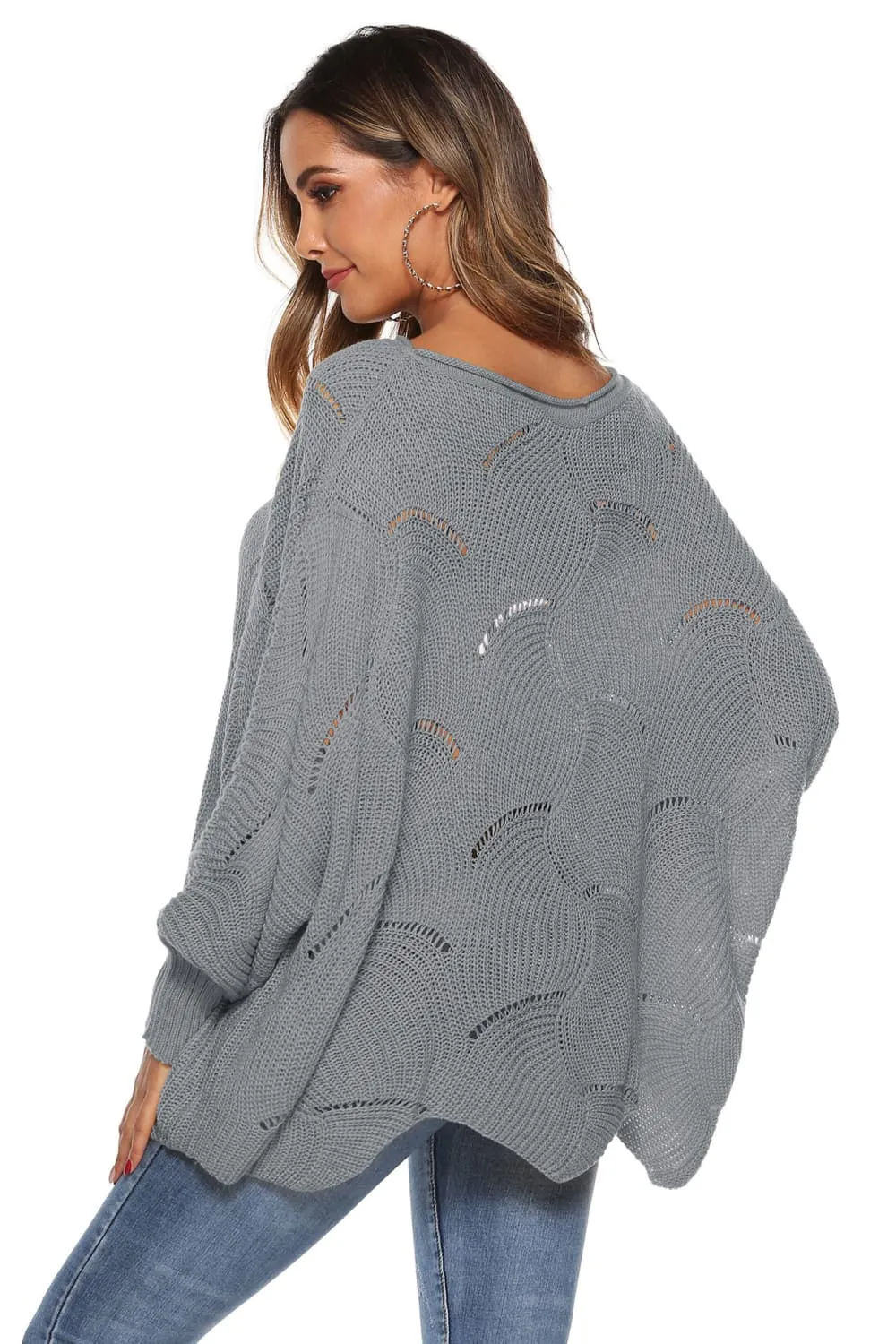Round Neck Long Sleeve Openwork Sweater, image 6