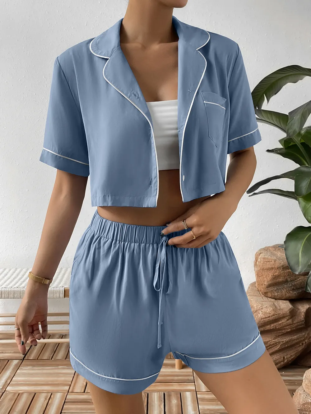 Contrast Lapel Collar Cropped Shirt and Shorts Lounge Set, image 4